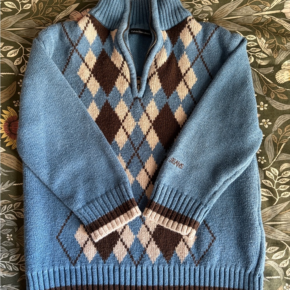 Boys Calvin Klein Jeans Blue and Brown Argyle Quarter Zip Sweater